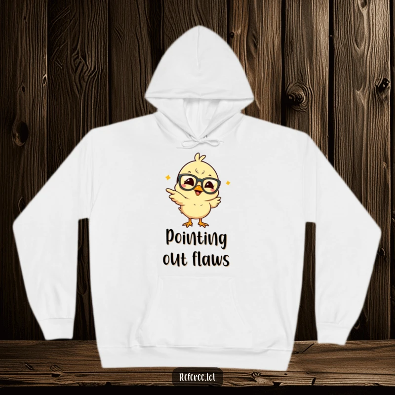 Funny giggling chick with large glasses, pointing wildly, featured on a cozy hoodie, making it a perfect humorous apparel gift.