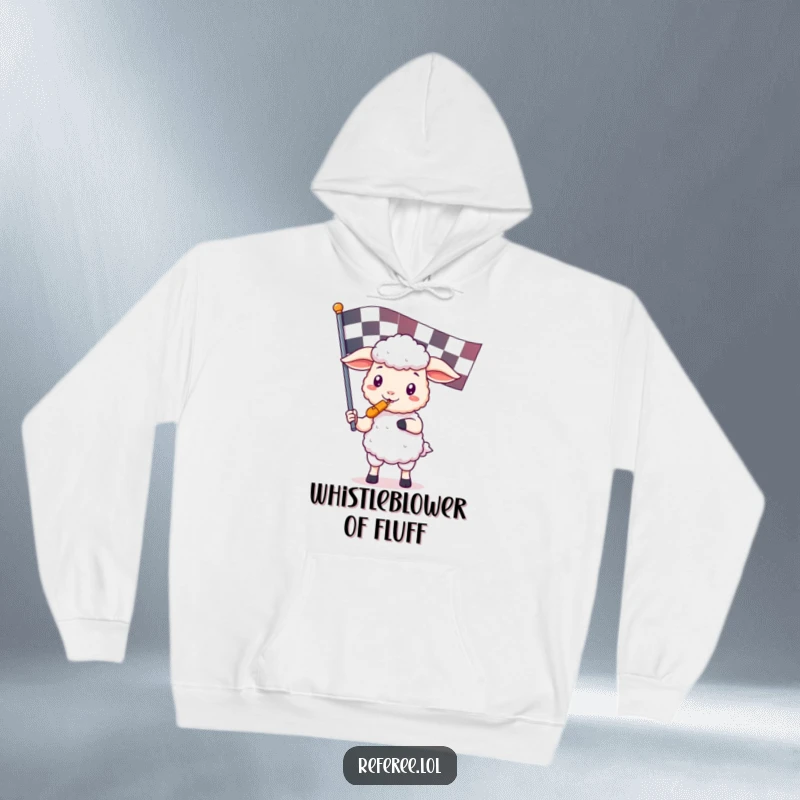 Funny hoodie featuring an adorable kawaii sheep equipped with a referee whistle and checkered flag, exuding cute control and game spirit.