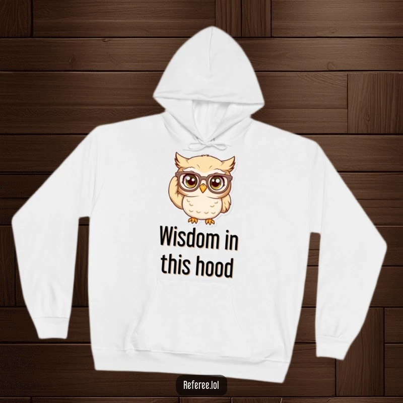 Funny Hoodie: Curious owl character intently adjusting oversized glasses, a comfortable and humorous design for thinkers.
