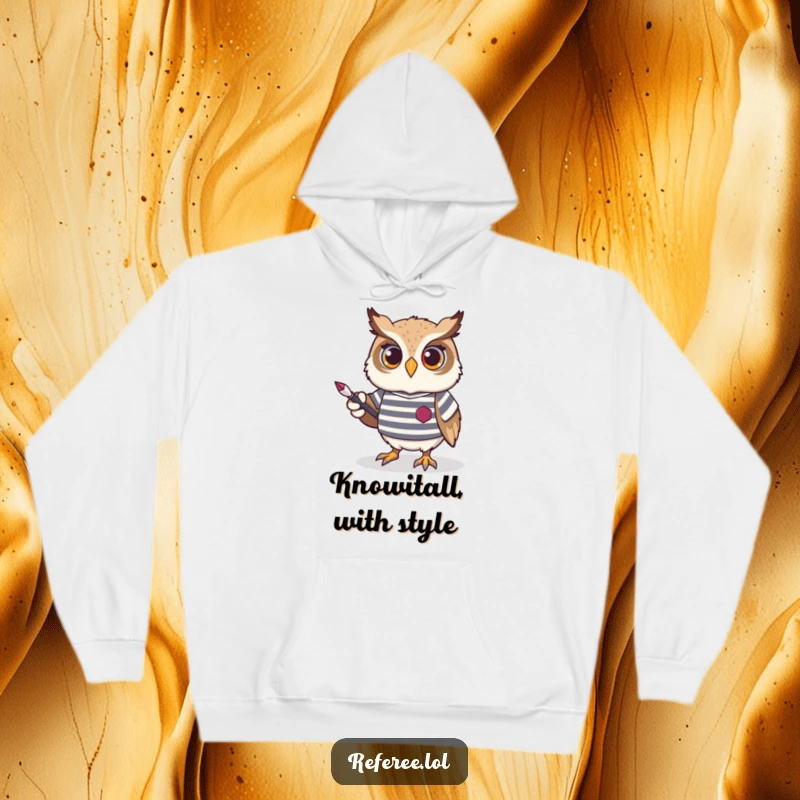 Funny Owl Hoodie featuring a proud owl in a striped jersey, holding a pointer, perfect for cozy, intellectual contemplation and fun.