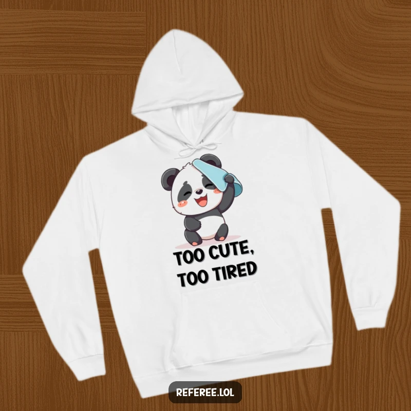 Funny hoodie with a giggling panda wiping sweat from its brow. Cozy and comical for relaxation.