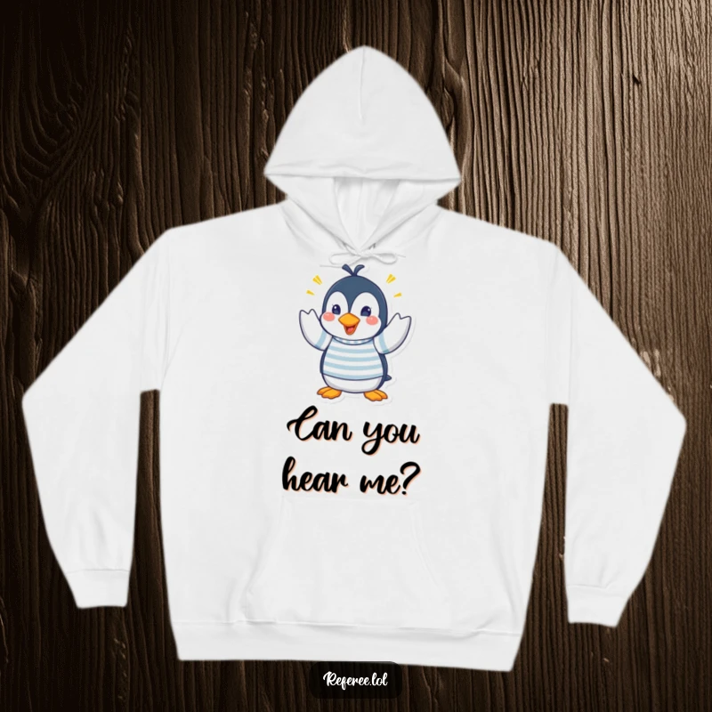 Funny hoodie depicting a penguin in a striped shirt making elaborate and frantic hand gestures, perfect for those who express themselves with great, humorous energy.