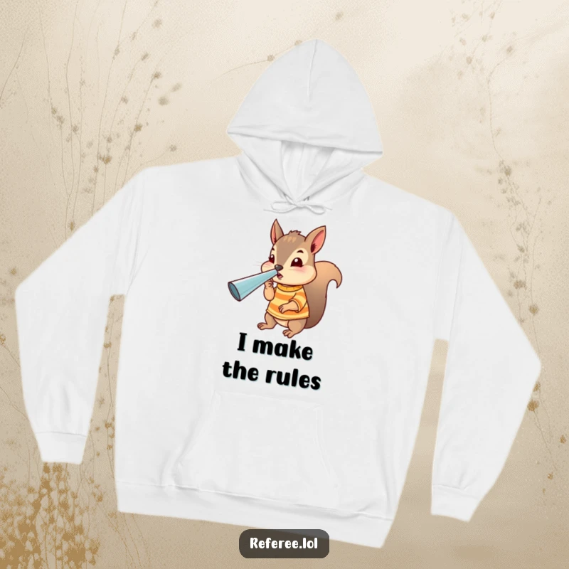 Funny squirrel official hoodie with a small striped squirrel blowing a huge whistle, ideal for cozy comfort and humorous style.