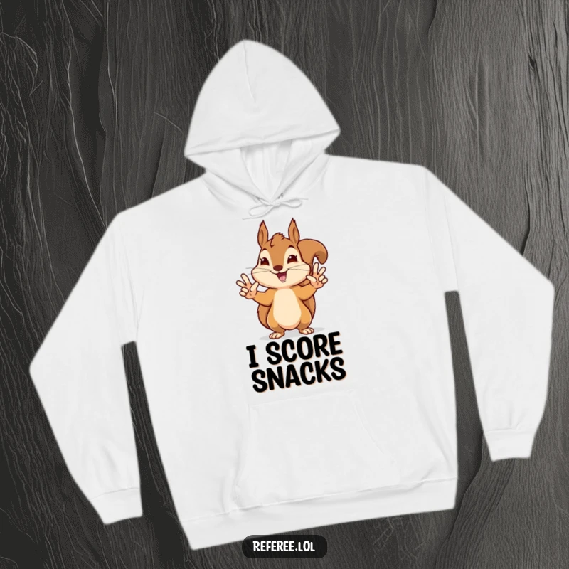 Funny hoodie depicting a delighted squirrel giving precise hand signals for a touchdown, ideal for game day comfort and humor.