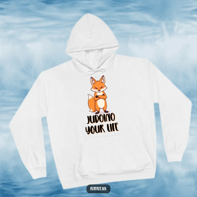Funny proud fox standing tall, arms crossed, with a stern expression, featured on a cozy hoodie for humorous warmth and style.