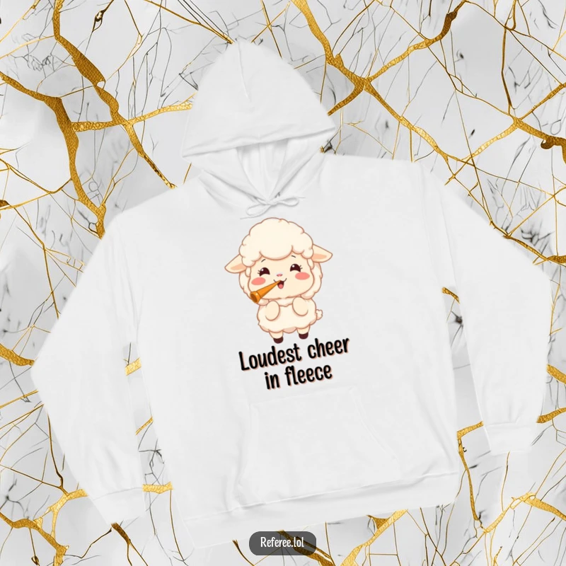 Funny hoodie featuring a fluffy sheep with a joyful expression, blowing a loud whistle, radiating excitement and good spirits.
