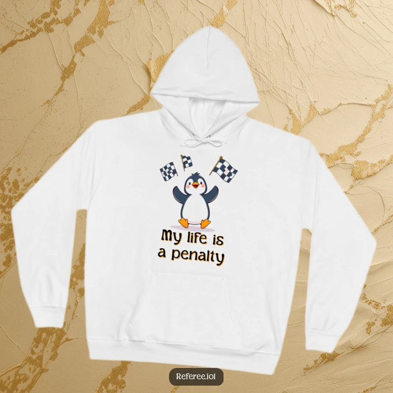 Funny Penguin Hoodie: A comical penguin is caught in the act of juggling oversized penalty flags, bringing laughter to this cozy garment.