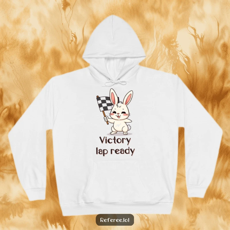 Funny bunny hoodie showcasing a determined rabbit furiously waving a checkered flag, designed for comfort and racing enthusiasts.