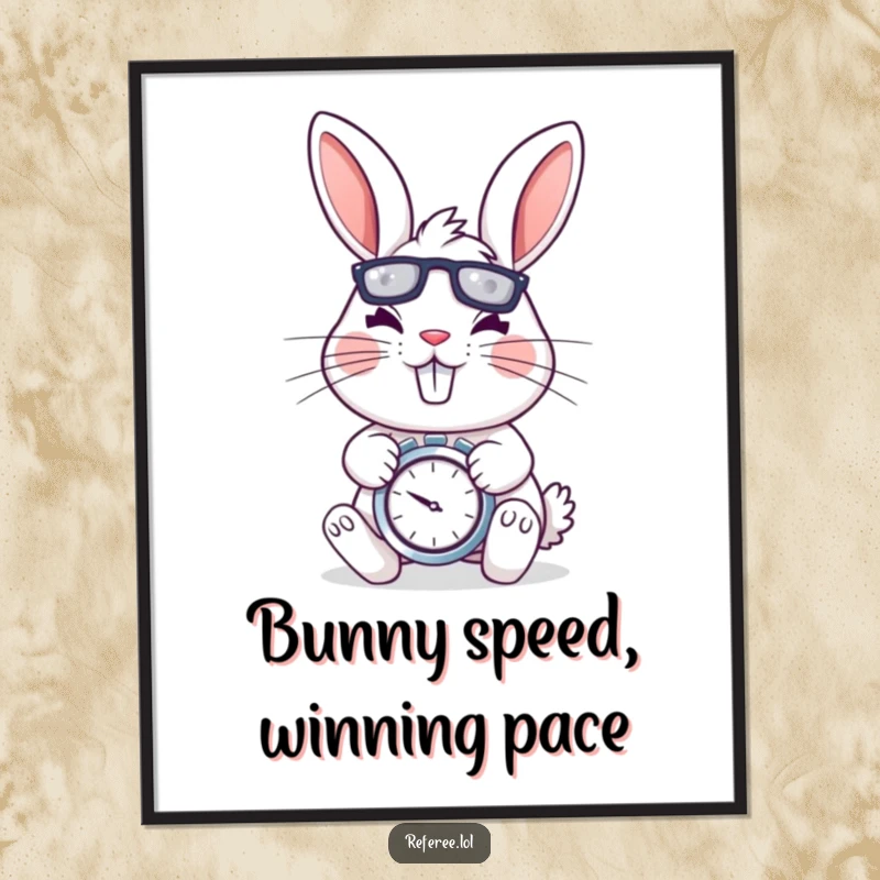 Funny Free Printable Wall Art: A cheerful rabbit with a stopwatch, looking determined and energetic, ready to go.