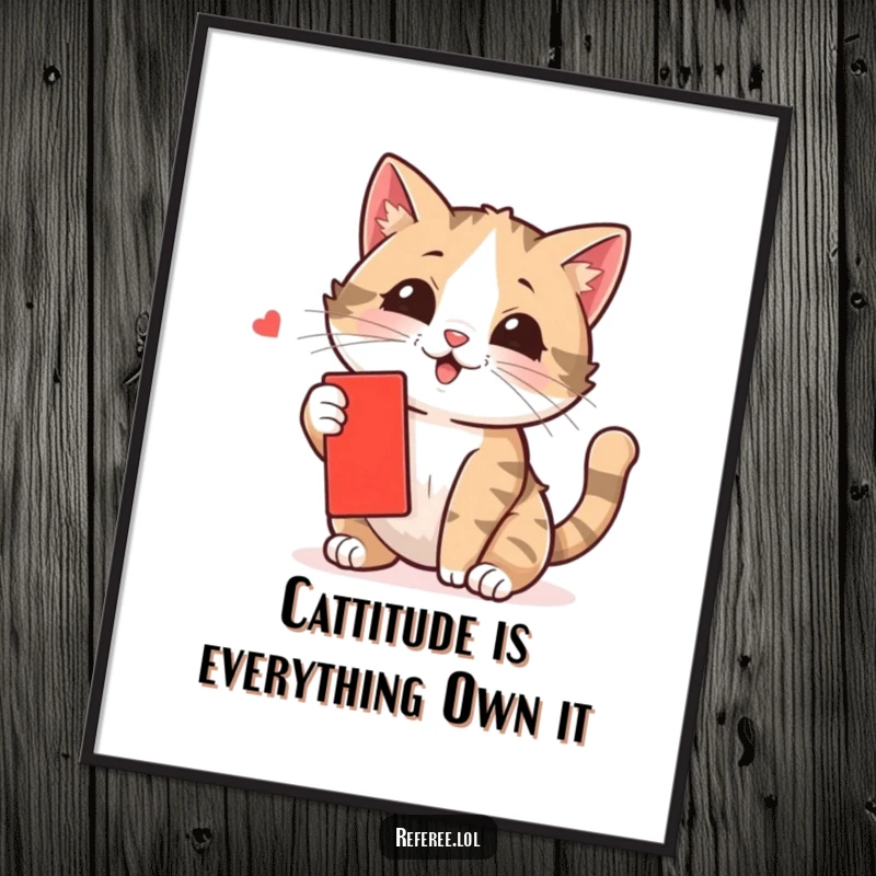 Funny free printable wall art featuring a cat playfully swatting at a tiny red card, adding quirky charm to any room.