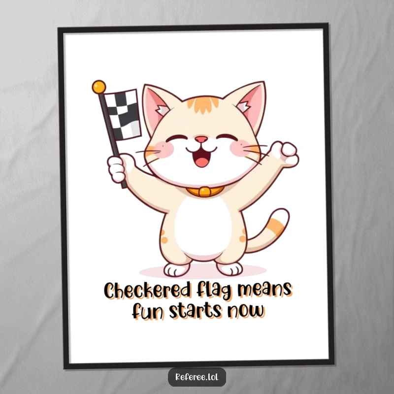Funny Free Printable Wall Art of a happy cat victoriously waving a checkered racing flag.