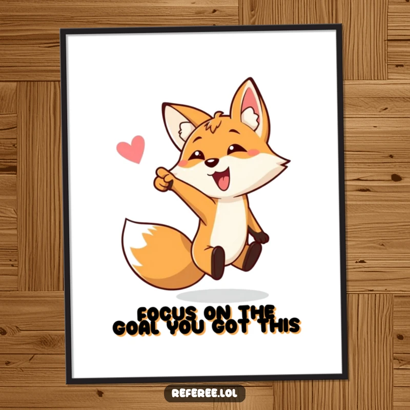 Funny Free Printable Wall Art: A lively fox bounces exuberantly, pointing towards a goal, embodying enthusiasm and drive.