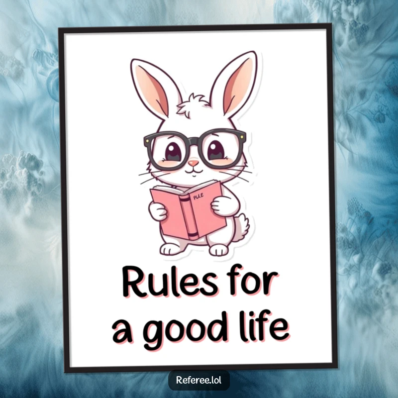 Funny Free Printable Wall Art: A shy bunny adjusting oversized glasses, holding a thick rule book with a serious yet cute expression. Intellectual humor.