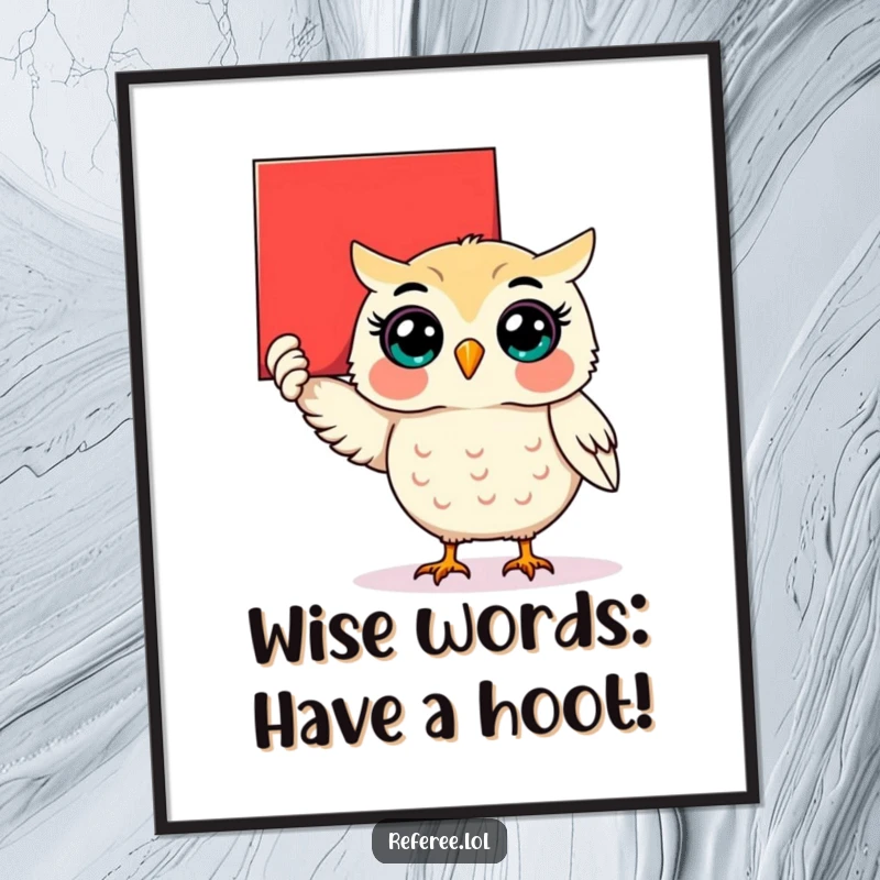Funny Free Printable Wall Art of a surprised owl holding a giant red card, hinting at a fun reveal.