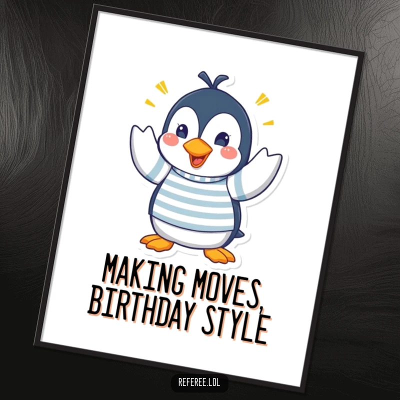 Free Printable Wall Art: Penguin in a striped shirt, making very frantic hand signals, conveying a sense of urgency and humor.