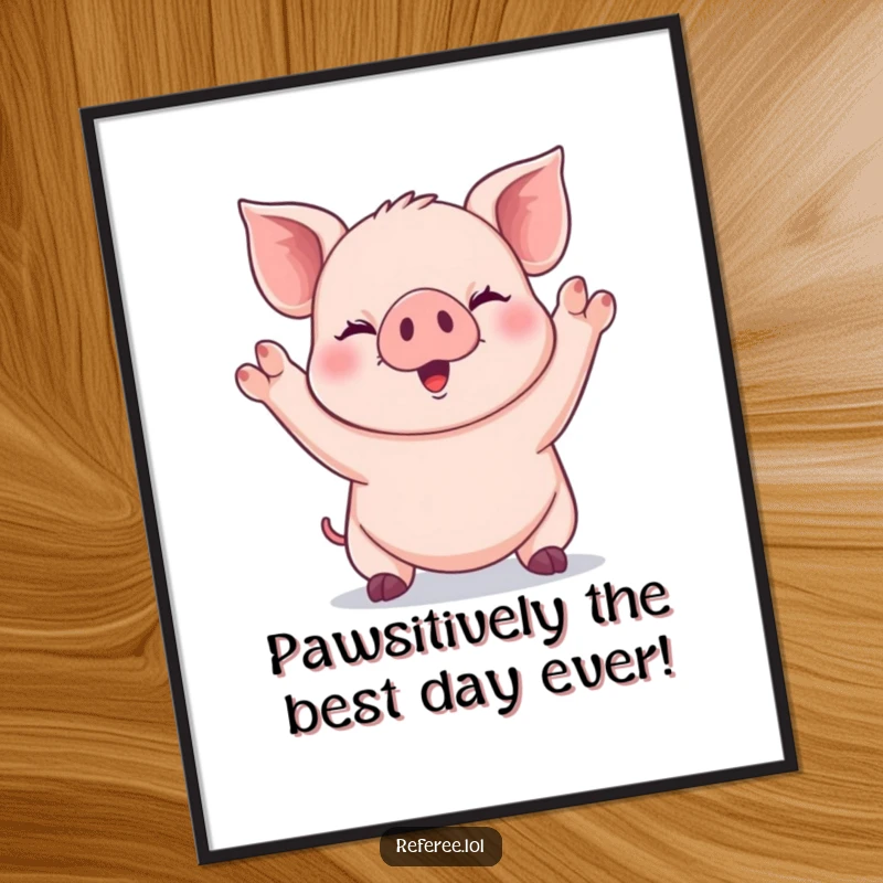 Funny Free Printable Wall Art of a giggling piglet signaling with both paws raised high, radiating pure joy.