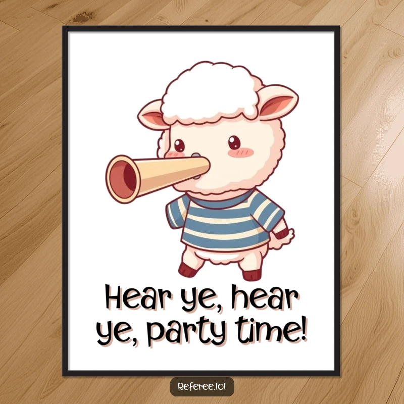 Funny Free Printable Wall Art of a fluffy sheep in a striped shirt blowing a giant, attention-grabbing whistle.