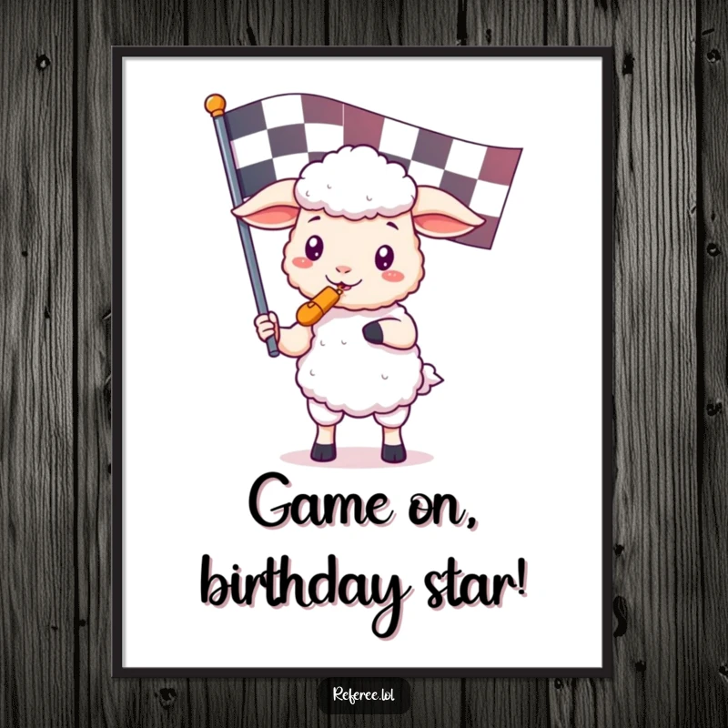 Free Printable Wall Art: Adorable kawaii sheep holding a whistle and a giant checkered flag, in a celebratory pose, cute and fun.