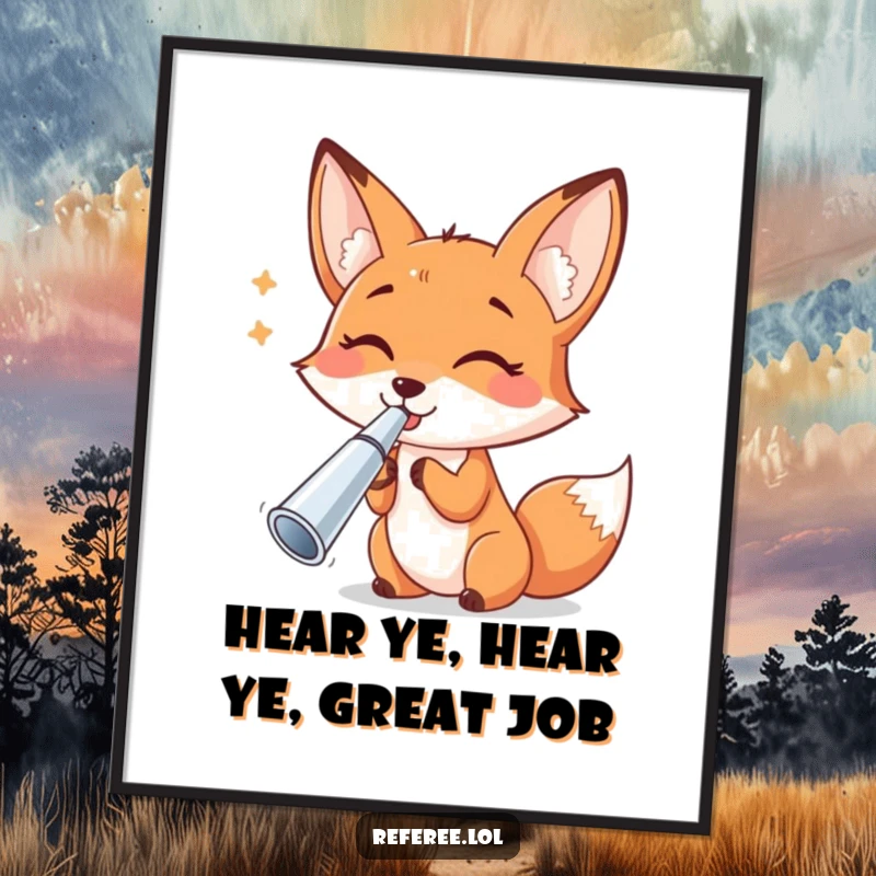 Funny Free Printable Wall Art of a cheerful fox blowing heartily on a shiny silver whistle, adding a burst of playful energy to your walls.