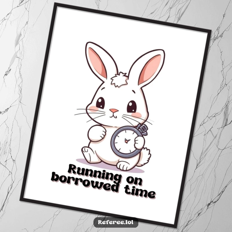 Funny Free Printable Wall Art of a curious bunny twitching its nose, focused on checking a stopwatch, adding quirky timing to your walls.