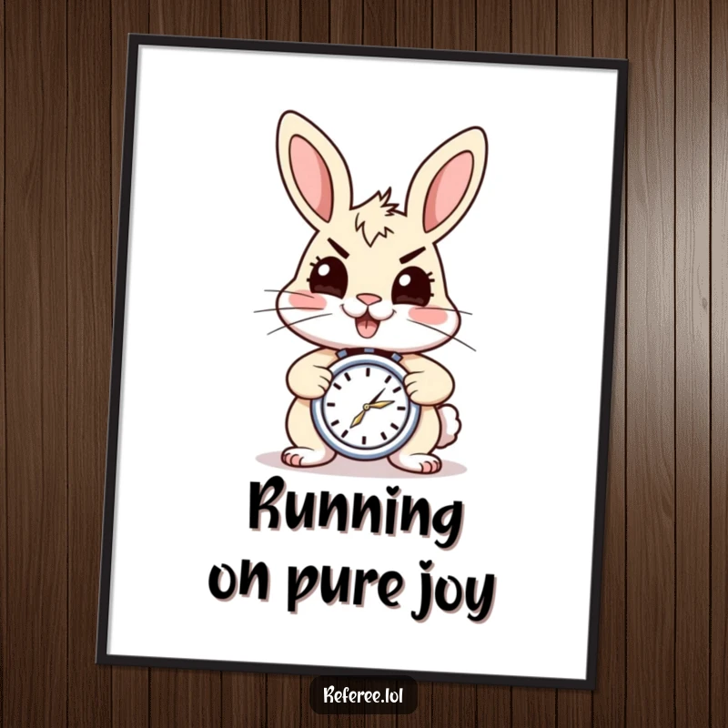 Funny Free Printable Wall Art of a cheery rabbit holding a stopwatch with a determined, energetic expression, ready for action.