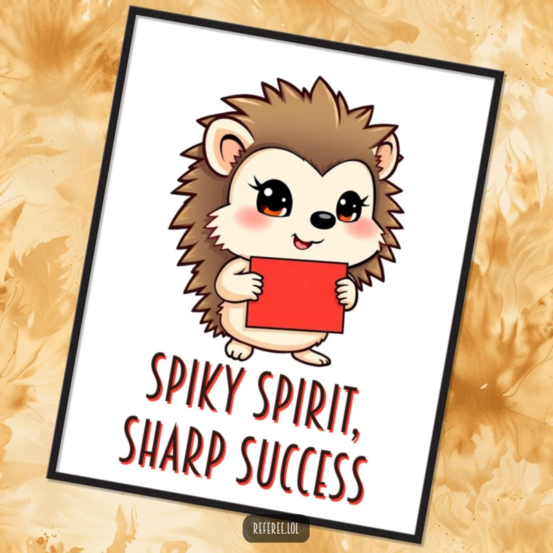 Funny Free Printable Wall Art: A hedgehog with a determined gaze holding a bright red card, ready to impress.