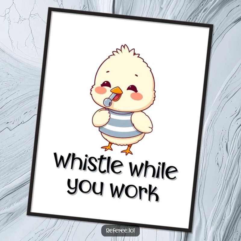 Funny Free Printable Wall Art: A fluffy chick in a tiny striped shirt joyfully blowing a whistle, radiating pure happiness. Cute decor.