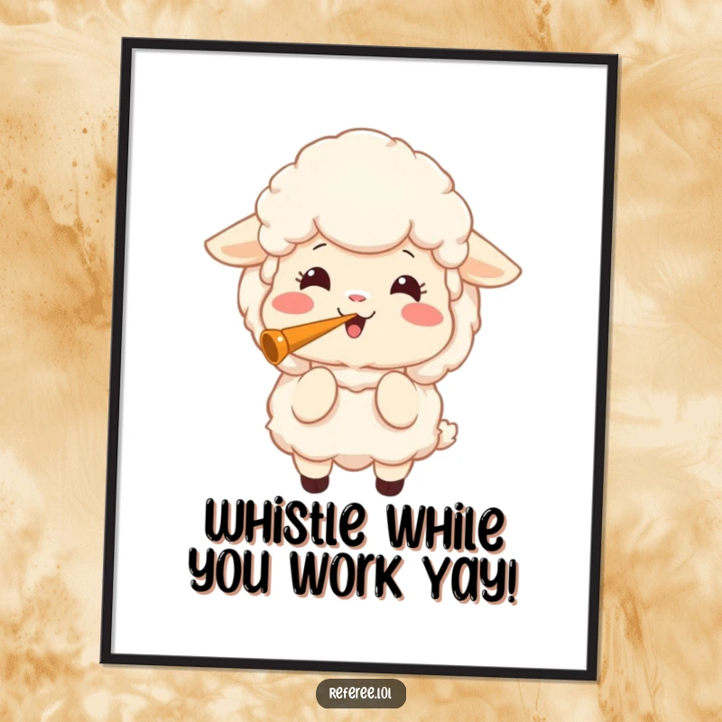 Funny Free Printable Wall Art: A fluffy sheep character blowing a loud whistle with a huge, joyful expression.