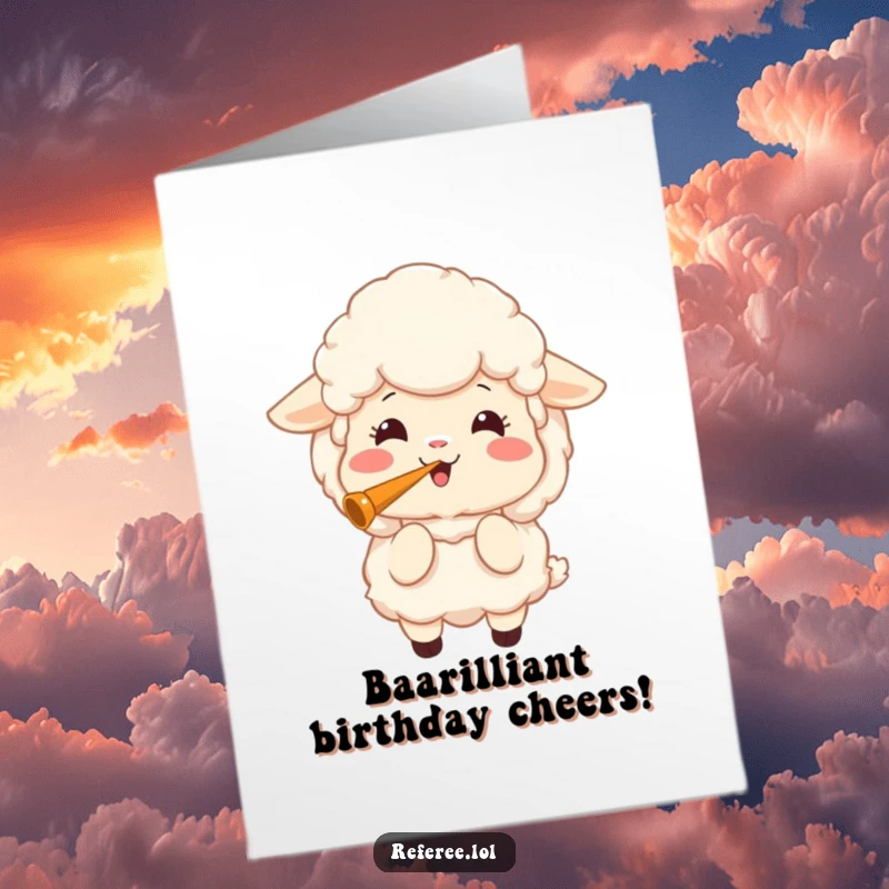 Funny Free Printable Birthday Card: A fluffy sheep joyfully blowing a loud whistle to celebrate.