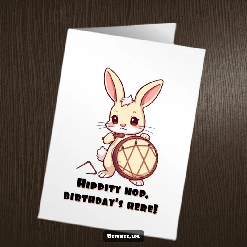 Funny Free Printable Birthday Card: A curious bunny intently taps a drum with a focused, determined expression.