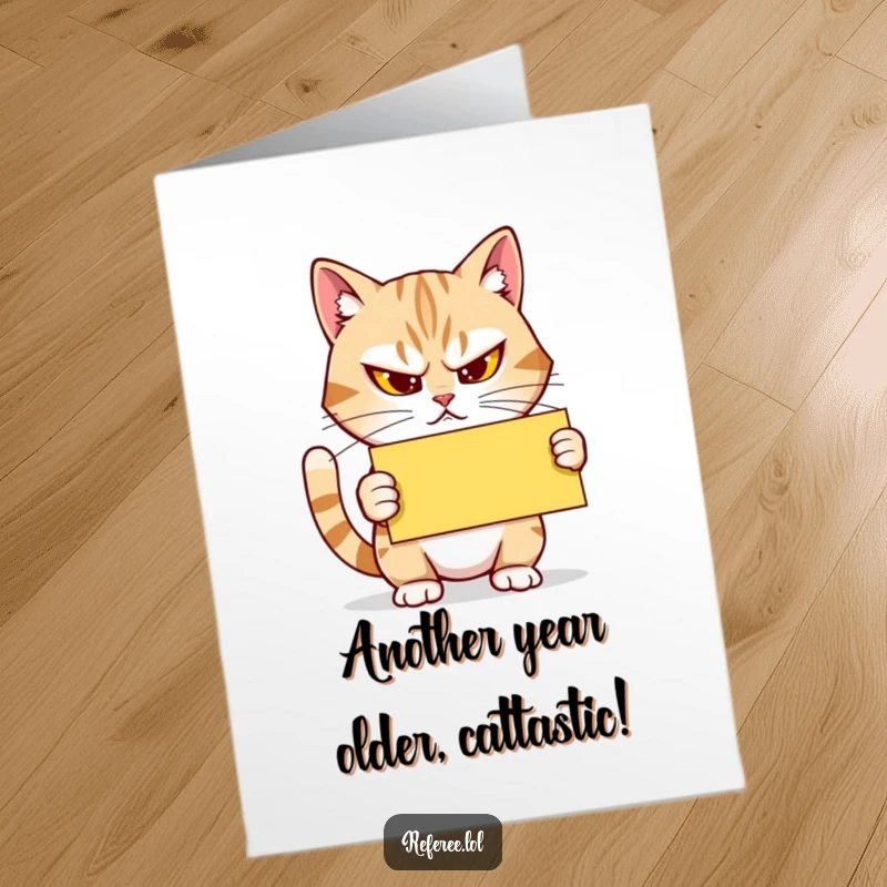 Funny Free Printable Birthday Card: Determined Cat Squinting, Holding Yellow Card Firmly!