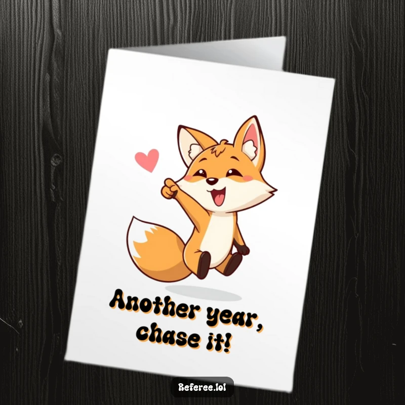 Funny Free Printable Birthday Card: A vibrant fox bounces with glee, enthusiastically pointing towards the goal for a winning wish.
