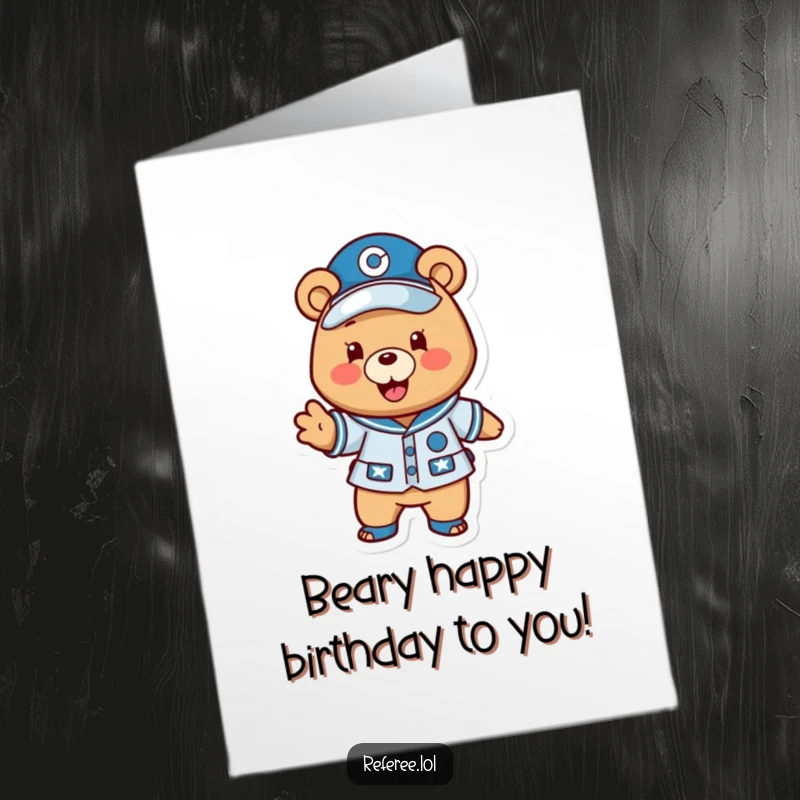 Funny Free Printable Birthday Card: A happy bear in a uniform excitedly gestures a play forward, like a coach planning victory.