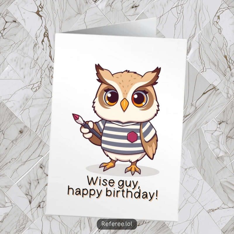 Funny Free Printable Birthday Card: Proud owl in striped jersey points with a serious yet comical expression.