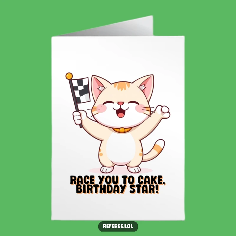 Free Printable Birthday Card: Racing Cat Victory Lap - Funny Downloadable Gift