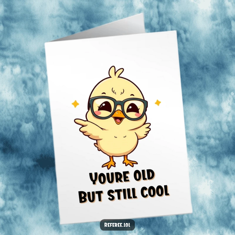 Funny Free Printable Birthday Card of a giggling chick with big glasses pointing wildly, perfect for a laugh.