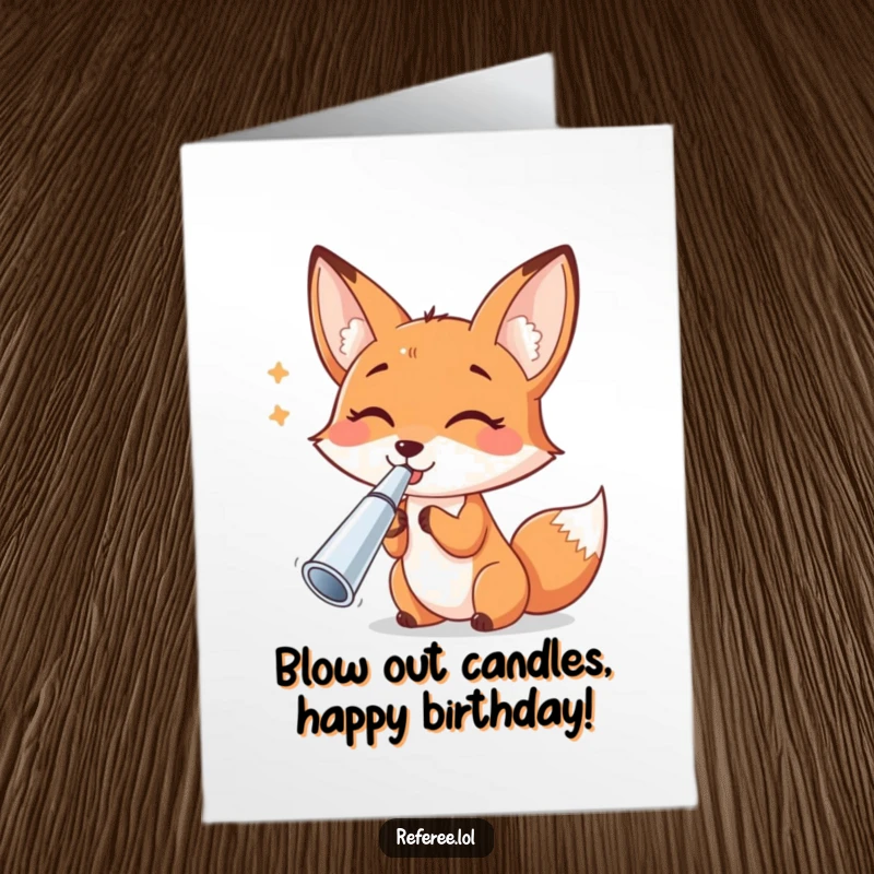 Funny Free Printable Birthday Card featuring a cheerful fox blowing heartily on a shiny, silver whistle, signaling joyous birthday wishes.