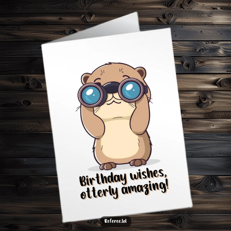 Funny Free Printable Birthday Card featuring a curious otter peering intently through oversized binoculars at something far away.