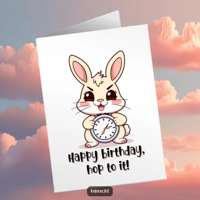 Funny Free Printable Birthday Card of a cheery rabbit holding a stopwatch with a determined, energetic look, ready to celebrate.