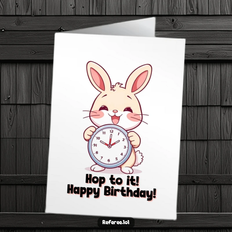 Funny Free Printable Birthday Card: A delighted bunny smiles widely while holding a stopwatch. Celebrating time flying by.