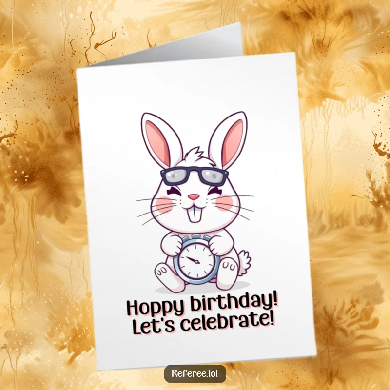 Funny Free Printable Birthday Card: Cheery rabbit with a stopwatch, determined and energetic, ready for birthday fun.