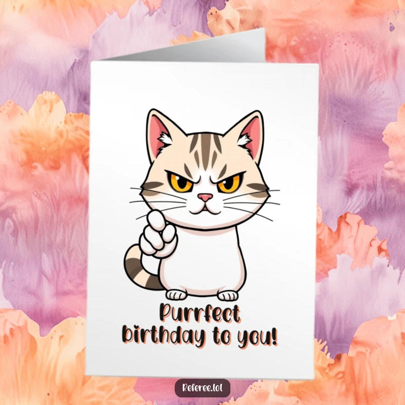 Funny Free Printable Birthday Card: A determined cute cat pointing dramatically, demanding fun.
