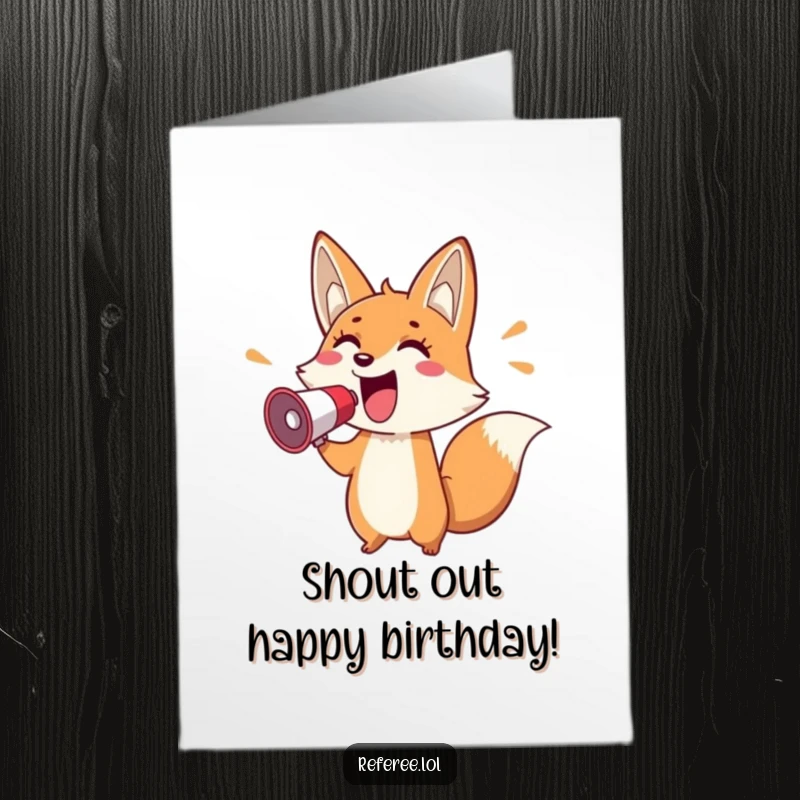 Funny Free Printable Birthday Card: Cheerful fox shouting with a megaphone, pointing enthusiastically to announce birthday fun.