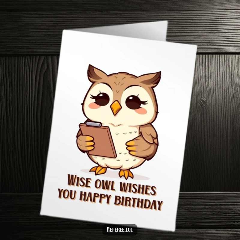 Funny Free Printable Birthday Card featuring a smiling owl nodding wisely, holding a clipboard ready to jot down birthday praise.