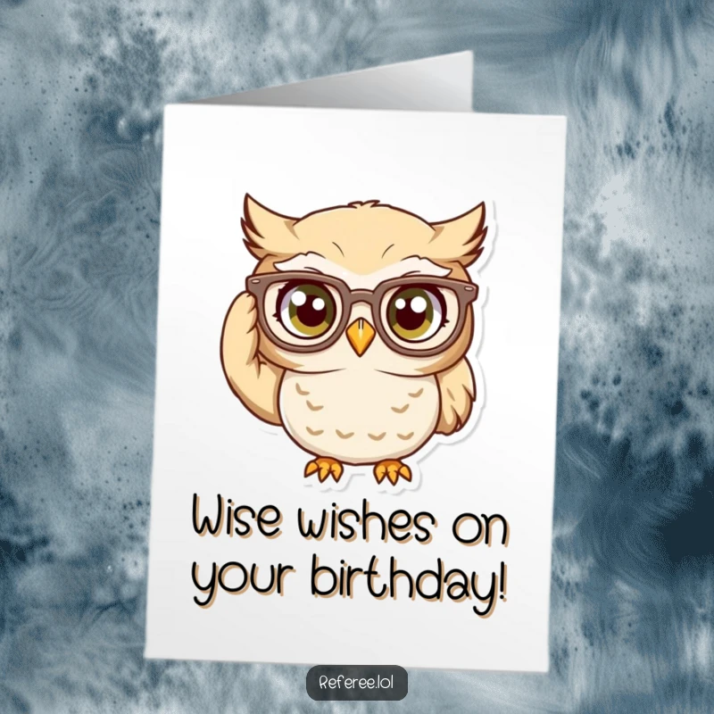 Funny Free Printable birthday card featuring a curious owl adjusting its comically oversized glasses with intense focus.