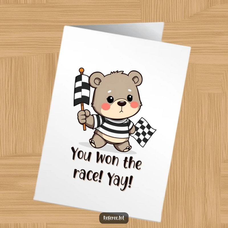 Funny Free Printable Congrats Card: A determined bear in a black and white striped shirt proudly holds a checkered flag, celebrating a win.