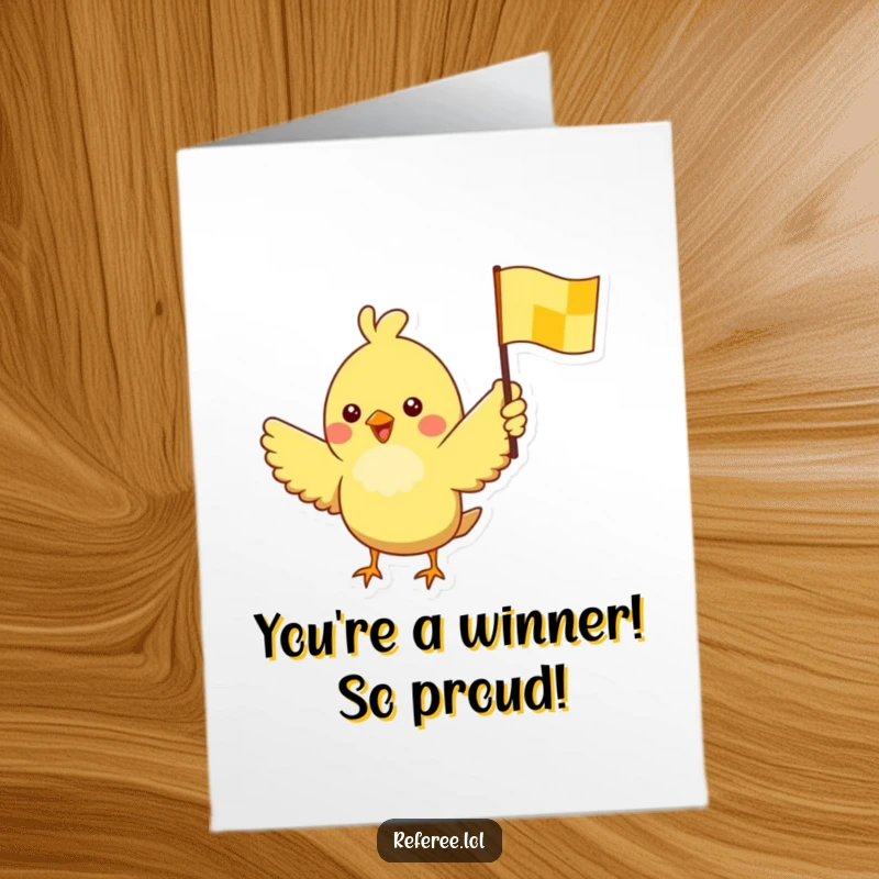 Funny Free Printable Congratulations Card: A cheerful bird waving a yellow checkered flag with pure excitement.