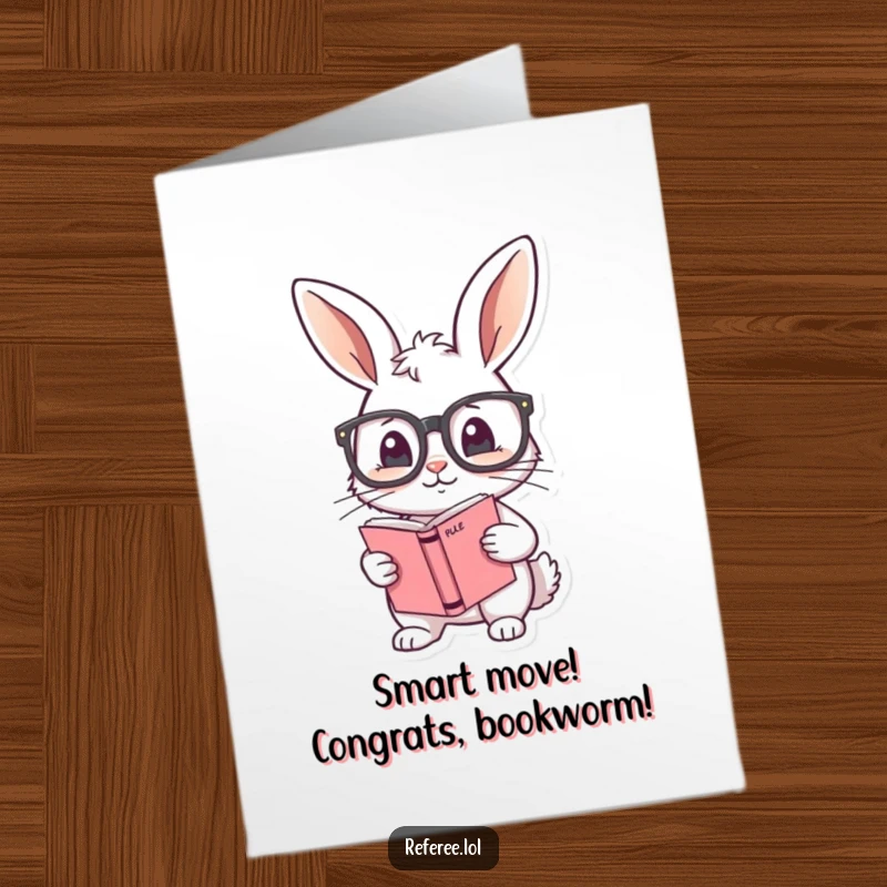 Funny Free Printable Congrats Card: A shy bunny adjusts its oversized glasses while clutching a rule book, celebrating success by the rules.
