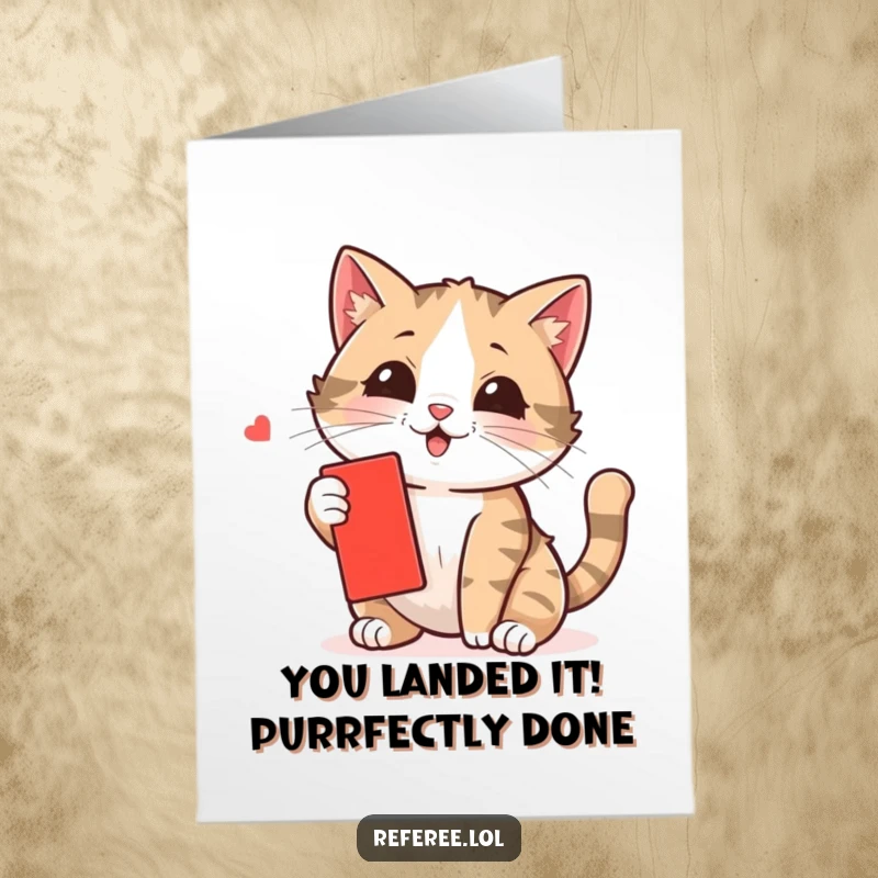 Funny free printable congratulations card showing a mischievous cat batting at a red card, perfect for any celebratory moment.
