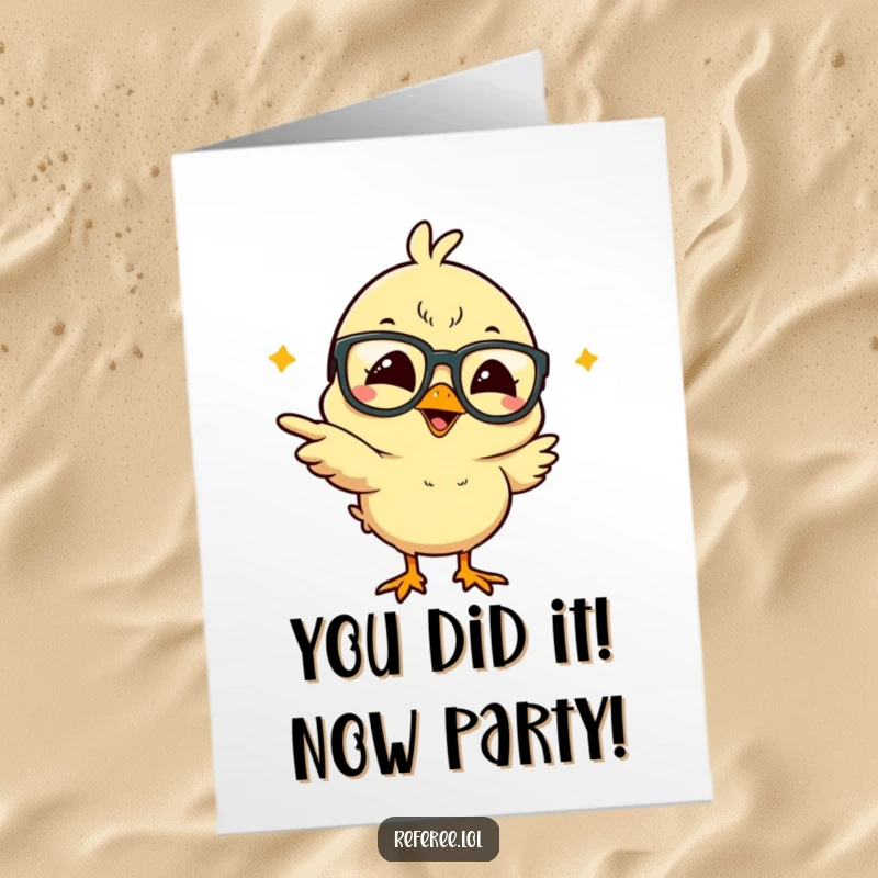 Funny Free Printable Congratulations Card: a giggling chick with oversized glasses triumphantly pointing and laughing.